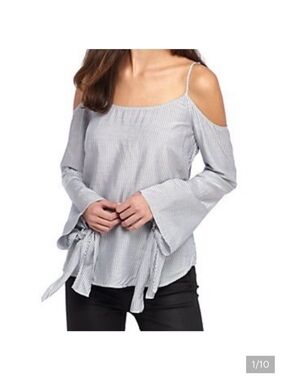 BCBG MaxAzria Blue White Cold Shoulder Top Blouse Adjustable Straps Tie Sleeves